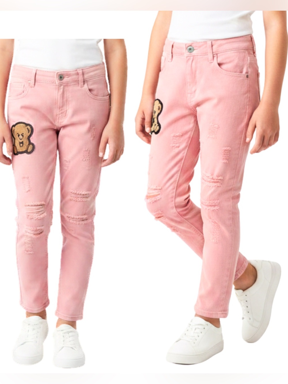 Girls Size 10 Pink Distressed Ripped Denim Jeans with Teddy Bear Patch Cute Kids